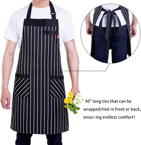 Miniatura 2 de Delantal de cocina ajustable con bolsillos y cintas largas para mujeres y hombres, negro, blanco (4), 1 unidad