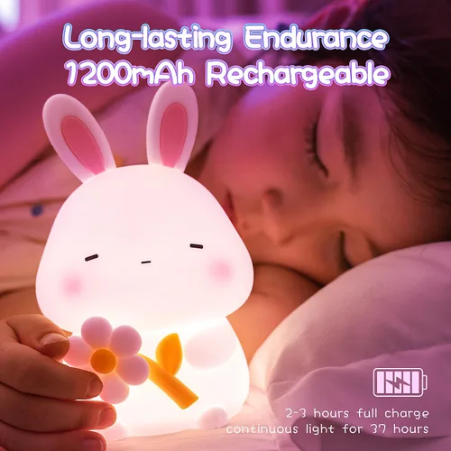 Miniatura 6 de Luz nocturna de conejo para niños, luz nocturna de conejo regulable de 3 niveles, 1200 mAh de silicona suave, lindo regalo de conejo de Pascua