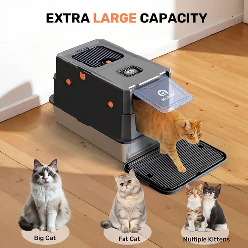 Miniatura 6 de Caja de arena de acero inoxidable con tapa, caja de arena metálica cerrada anti-fugas, bandeja de arena para gatos extra grande con tapa abatible
