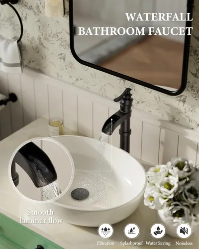 Miniatura 2 de Homevacious Grifo de baño negro para lavabo, cascada mate, cuenco antiguo de un solo orificio con tapón de drenaje emergente, línea de suministro