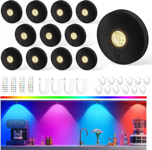 Miniatura 10 de Luces de disco recargables con control remoto, juego de 12 luces magnéticas para debajo del gabinete, luces LED de 1500mAh con control remoto, Blanco