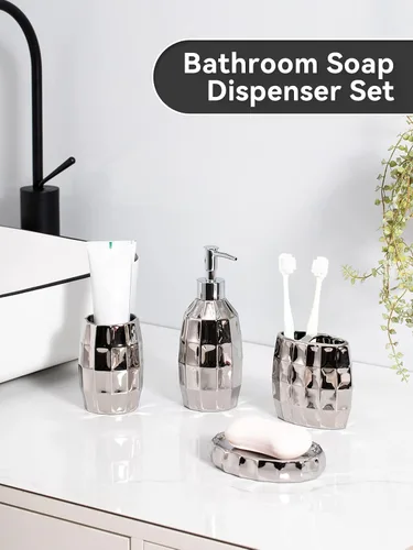Miniatura 4 de Juego de accesorios de baño plateados, juego de accesorios de baño de cerámica de mosaico incluye dispensador de loción, vaso de soporte para Plata