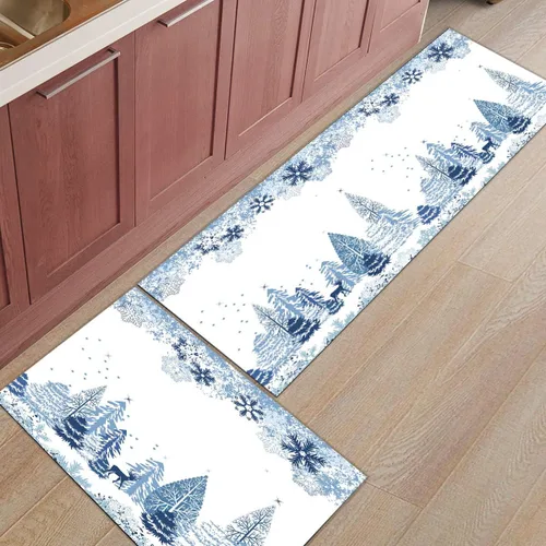 Miniatura 3 de Libaoge Juego de 2 alfombras y tapetes de cocina de invierno de Navidad para Año Nuevo, diseño abstracto de copo de nieve, alce azul, tapete