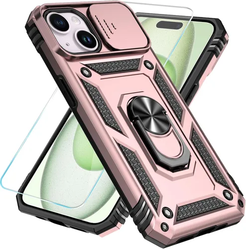 Miniatura 10 de SunStory Funda compatible con iPhone 15 con protector de pantalla HD, cubierta de cámara deslizante y soporte de anillo giratorio, [grado militar]