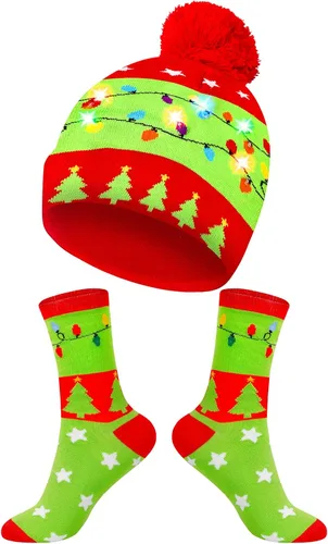 MGparty Gorro de Navidad con luz LED, gorro de punto con calcetines de tripulación, regalos de fiesta de Navidad para adultos y niños