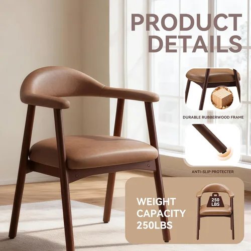 Miniatura 4 de MALOL Juego de 2 sillas de comedor de cuero con reposabrazos, silla de comedor tapizada con respaldo curvado y patas de madera, sillas de cocina