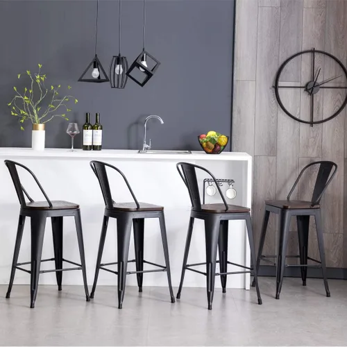 Miniatura 10 de HAOBO Home Taburetes de bar de 24 pulgadas de respaldo alto con asiento de madera [juego de 4] taburetes de bar de altura de mostrador, negro mate