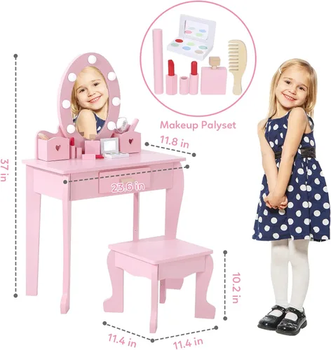 Miniatura 4 de Garvee Juego de tocador para niños, juego de mesa y silla para niñas con espejo iluminado, taburete y juego de maquillaje de madera, rosa