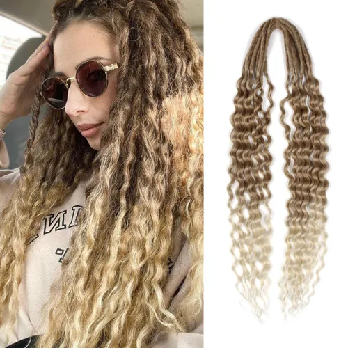 Miniatura 27 de Extensiones de rastas trenzadas bohemias de 24 pulgadas, 10 hebras de rastas sintéticas rizadas color marrón degradado con trenza de caja, rastas