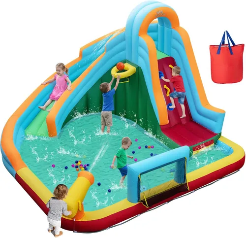 Miniatura 12 de Boundtech - Casa inflable para saltar, para usar en la alberca, con dos toboganes, pared de escalada, aro de baloncesto, alberca para sambullirse