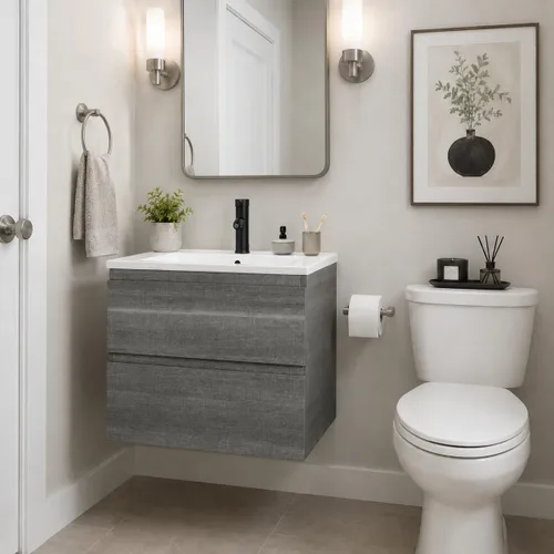 KSWIN Mueble de baño flotante de 24 pulgadas con fregadero, armario de tocador gris montado en la pared con 2 cajones, fregadero de cerámica,