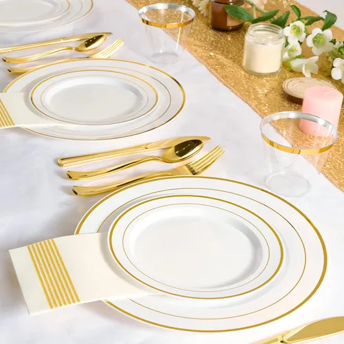 Miniatura 7 de FOCUSLINE Juego de vajilla dorada de 600 piezas para 100 invitados - Platos de plástico desechables con borde dorado, incluye 100 platos de cena
