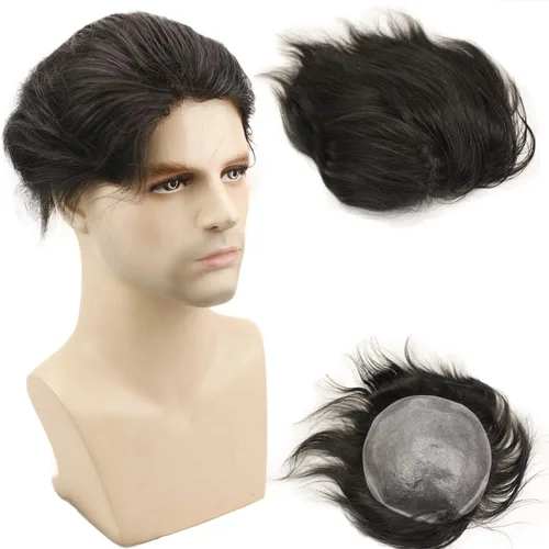 Tupé para hombre de 10 x 8 pulgadas, base de poliuretano, 0.002 in, piel fina súper suave, 100% cabello humano virgen europeo, para hombres, sistema