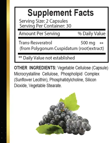 Miniatura 5 de Trans Resveratrol 500mg - Polifenol a base de plantas, procedente de Knotweed de semilla de uva, sin rellenos ni aditivos artificiales, complejo