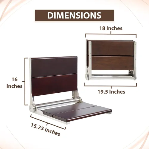 Miniatura 4 de Asiento de ducha plegable montado en la pared con respaldo Capacidad de carga máxima de 500 libras Asiento de ducha de teca compatible con ADA