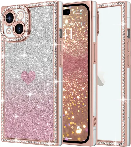 Miniatura 58 de Funda para iPhone 13, funda de diamantes de imitación de lujo con patrón de corazón de amor de cristal [papel con purpurina extraíble], parachoques