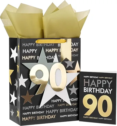 Miniatura 9 de Loveinside Bolsa de regalo de cumpleaños con papel de seda y tarjeta de felicitación para cumpleaños 40 – 10 x 5 x 13 pulgadas, 1 unidad, oro negro