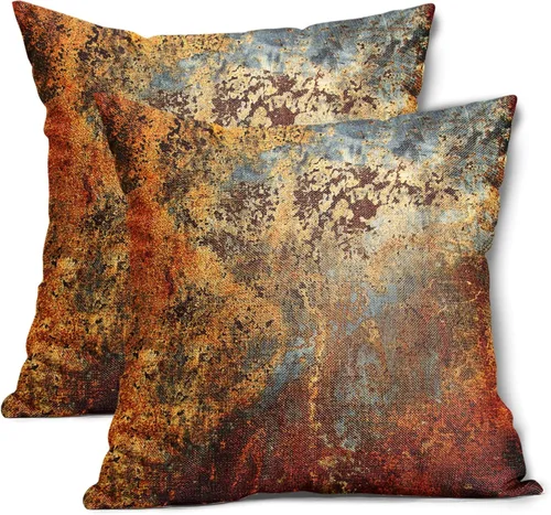 Fundas de almohada de metal marrón óxido de 16 x 16 pulgadas, color dorado oxidado, canela, cobre, bronce, fundas metálicas, juego de 2 almohadas