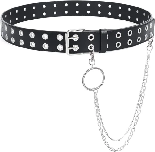 SUOSDEY Cinturón de cuero con doble ojal con cadena desmontable para mujeres y hombres, cinturón negro punk con agujeros dobles tachonados para jeans