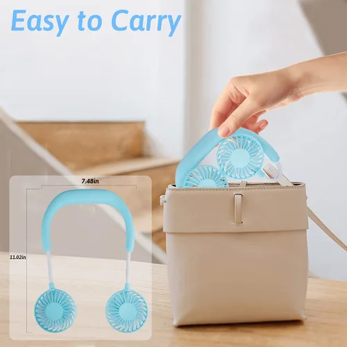 Miniatura 7 de Ventilador portátil para el cuello de mano libre, USB, cuelga del cuello, rotación libre de 360 grados, ventilador de refrigeración personal de Azul
