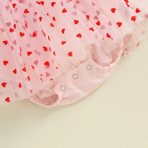Miniatura 7 de Lesimsam Mameluco para bebé recién nacida, para el día de San Valentín, con estampado de corazón, de malla, manga abombada, traje de tul con diadema