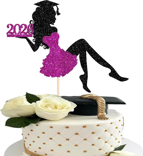 Miniatura 24 de 1 paquete de decoración para tarta de graduación para niña, con purpurina, para diploma, decoración para adultos mayores 2026, para niñas, escuela
