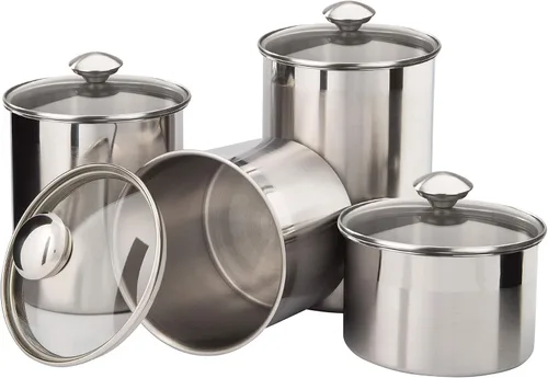 Miniatura 4 de nu steel Juego de recipientes de 4 piezas S/Steel Recipiente de almacenamiento de alimentos con tapas de vidrio templado para encimera de cocina