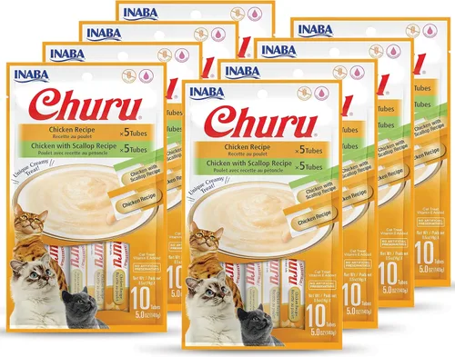 Miniatura 8 de INABA Churu - Golosinas para gatos, puré cremoso exprimible sin granos, para lamer, exprimible con vitamina E, taurina y té verde, 80 tubos, caja
