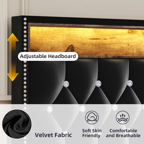 Miniatura 5 de HOMBCK - Base de cama de tamaño matrimonial con estación de carga y cabecera de almacenamiento, marco de cama tapizado de terciopelo con luces LED