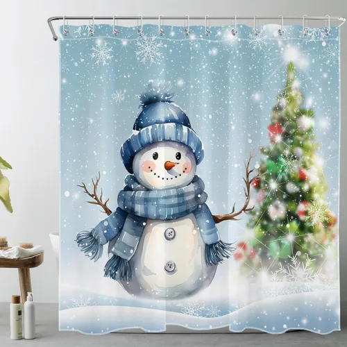 Miniatura 20 de LB Cortina de ducha de muñeco de nieve azul para baño, árbol de Navidad y copo de nieve en invierno con ganchos, juego de cortina de baño