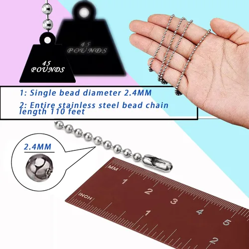Miniatura 2 de Cadena de cuentas de bola de 0.094 in, cadenas extralargas de acero inoxidable de 110 pies, cadena de placa de identificación para perro con 200