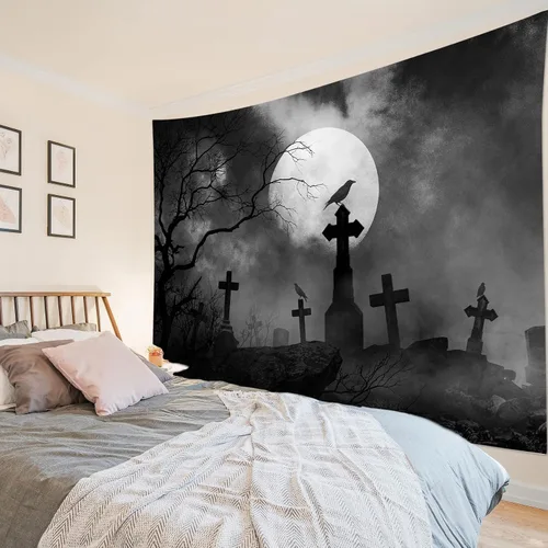 Miniatura 5 de HVEST Tapiz de Halloween de luna llena, lápida de cuervo negro, árbol muerto, tapiz para dormitorio, cementerio gris aterrador, bosque, decoración