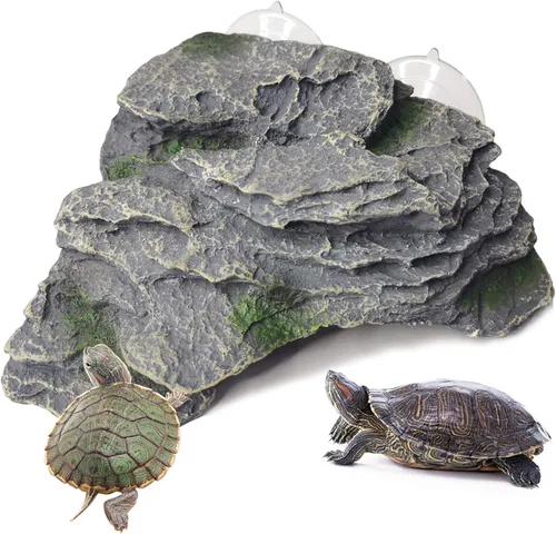 PINVNBY Plataforma para tomar tortugas, piedra de resina, esquisto trepador de reptil, adorno de acuario, decoración de paisaje de roca con ventosas