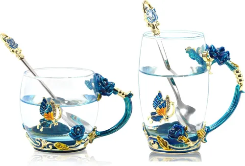 1 juego de taza de café de té con cuchara, hecha a mano, esmalte de flores de mariposa para mujeres y hombres, Día del Padre, Día de la Madre, Día