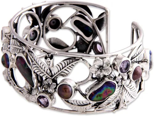 Miniatura 2 de NOVICA Pulsera de flor de amatista de perlas cultivadas de agua dulce hecha a mano de plata de ley 925, piedra natal floral de Indonesia morado