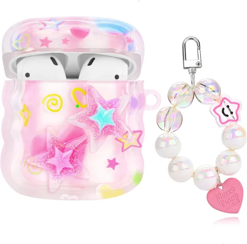 Bonita funda para AirPods con colgante de amor, llavero de cuentas redondas coloridas, diseño de estrellas 3D con purpurina, funda protectora suave