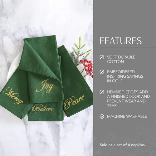 Miniatura 3 de Elrene Home Fashions Sentimientos Navideños Refranes de Temporada Servilletas de Tela para Cena, Juego de 4, 17 Pulgadas por 17 Pulgadas, Verde