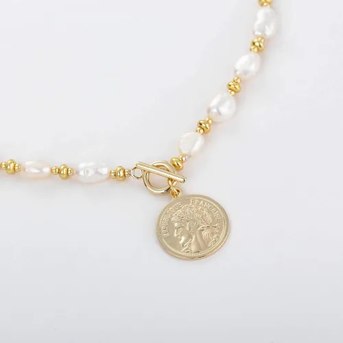 Miniatura 6 de Y2K - Gargantilla de perlas cultivadas barrocas seleccionadas a mano, chapadas en oro de 18 quilates, cadena de bolas, dije de moneda, joyería