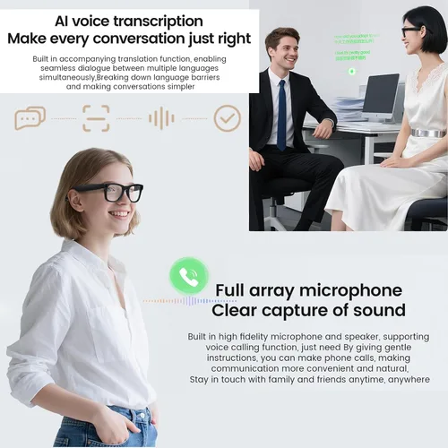 Miniatura 7 de Lentes inteligentes AI con cámara, grabación de video 1080P, traducción en tiempo real AI, audio Bluetooth de oído abierto, asistente de voz