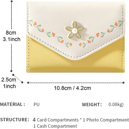 Miniatura 5 de Cartera de piel sintética para mujer y niña, con diseño de flores, de tres pliegues, delgada, pequeña, con tarjetero para dinero en efectivo