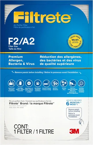 Filtrete Filtro purificador de aire para habitación F2, True HEPA Premium Allergen, Bacterias and Virus, 13 in. x 8.2 in., paquete de 2, funciona