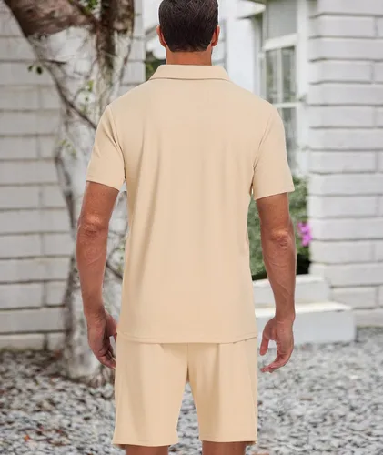 Miniatura 4 de Conjunto de camisa polo y pantalones cortos para hombre, conjunto de 2 piezas, de verano, casual, de punto gofre, de manga corta, para hombre
