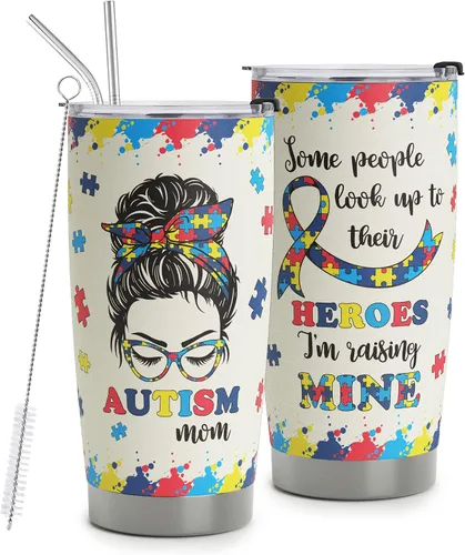 Regalos para mamá autista, taza de viaje de conciencia sobre el autismo con popote para mamá, tazas de acero inoxidable para autismo de 20 onzas