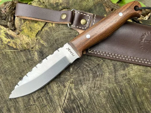 Perkin Cuchillo de caza con funda Cuchillo de hoja fija Bushcraft Cuchillo AR605 (madera de nogal)