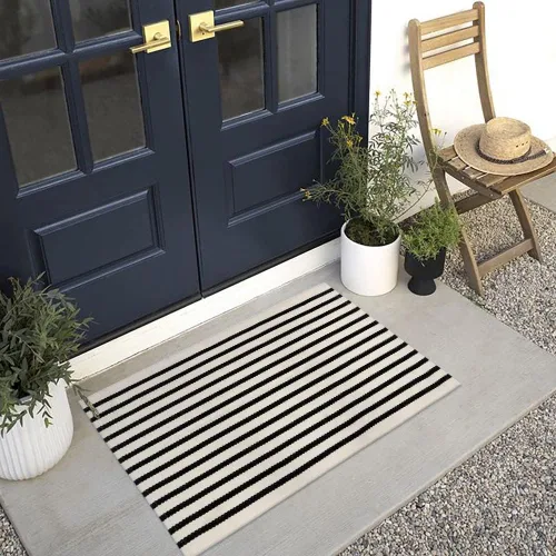 Miniatura 8 de KIMODE - Alfombra de algodón tejida con diseño a rayas en color negro, para puerta de entrada, cocina, decoración de estilo rústico