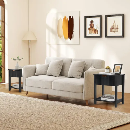 Miniatura 6 de Mesita de noche moderna de mediados de siglo con cajón, mesita de noche negra para dormitorio, mesa auxiliar pequeña con almacenamiento, mesa
