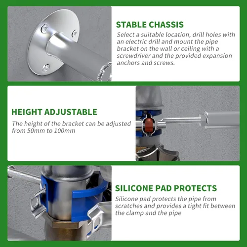 Miniatura 6 de TAISHER 4 soportes de tubo ajustables de acero inoxidable 304 para montaje en pared, soporte de correa de tubo ajustable, adecuado para tubos