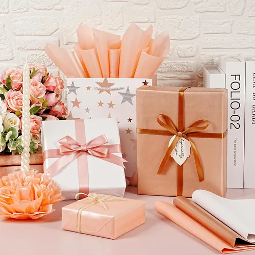Miniatura 6 de 60 hojas de papel de seda para bolsas de regalo, 14 x 20 pulgadas, papel de seda metálico rosa dorado rosa blanco para embalaje de manualidades, Oro