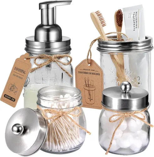 Miniatura 10 de Amolliar Mason Jar - Juego de accesorios de baño (4 unidades), dispensador de jabón espumoso y soporte para cepillo de dientes, decoración rústica
