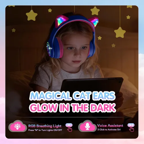 Miniatura 4 de IFECCO Kids Wireless Headphones with Case - Cute LED Light Up Cat Ear,50H Playtime,Safe Volume Limited,Bluetooth 6.0 Kids Girls Headphones for